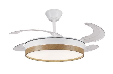 Ventilador Retractil FIONA-L Blanco Madera P&B - Motor DC. luz LED. 50-108cmØ.