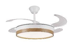 Ventilador Retractil FIONA-L Blanco Madera P&B - Motor DC. luz LED. 50-108cmØ.
