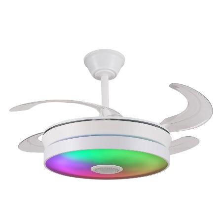 Ventilador retractil Althea-S Blanco Musical RGB P&B - Motor DC. 40-92cmØ. Luz Led RGB